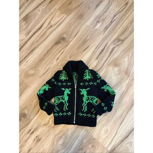 Hand Knit Cowichan Siwash Sweater Black Trees Deer Stag Zip Front Toddler 2T